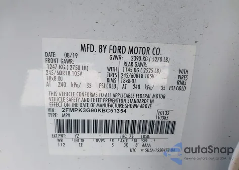 2019 Ford Edge Se z USA, uszkodzony, nr VIN 2FMPK3G90KBC51354